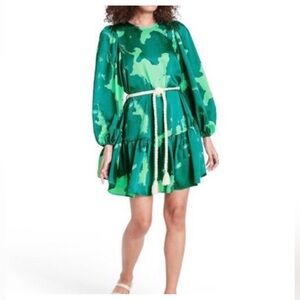 Alexis for Target Green Print Long Sleeve Rope Belt Tiered Dress Size XS